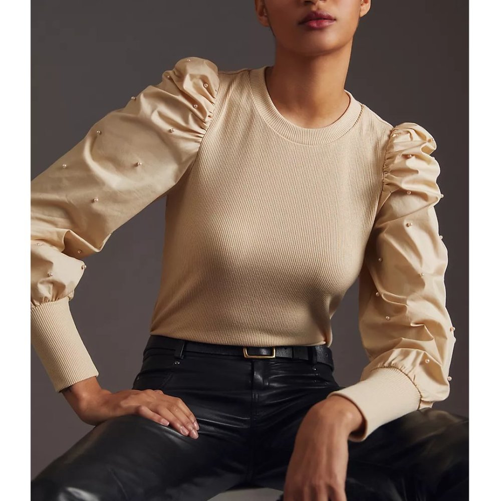 Anthropologie DOLAN Pearl Embellished Puff-Sleeve Blouse Tan Ivory Large Petite